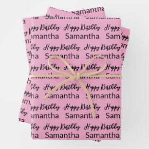 Feuille De Papier Cadeau Script Joyeux Anniversaire Rose Pâle et Nom Noir