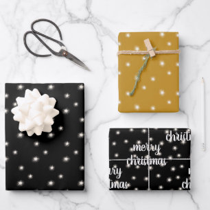 Feuille De Papier Cadeau Script moderne MERRY NOËL Lumières Black Gold