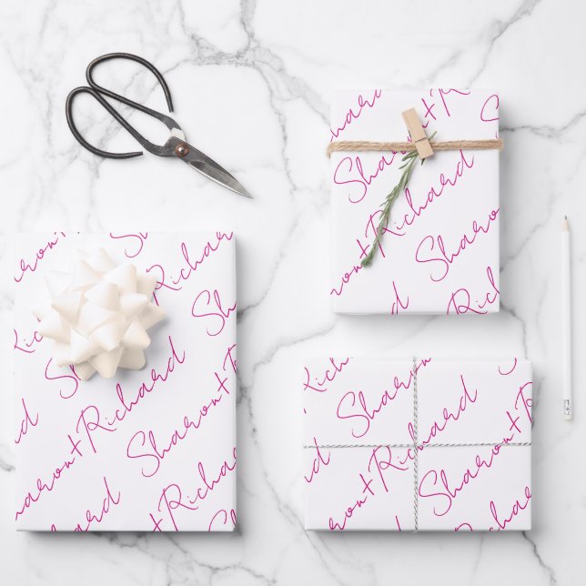 Feuille De Papier Cadeau Script rose magenta calligraphie noms mariage (Recto)
