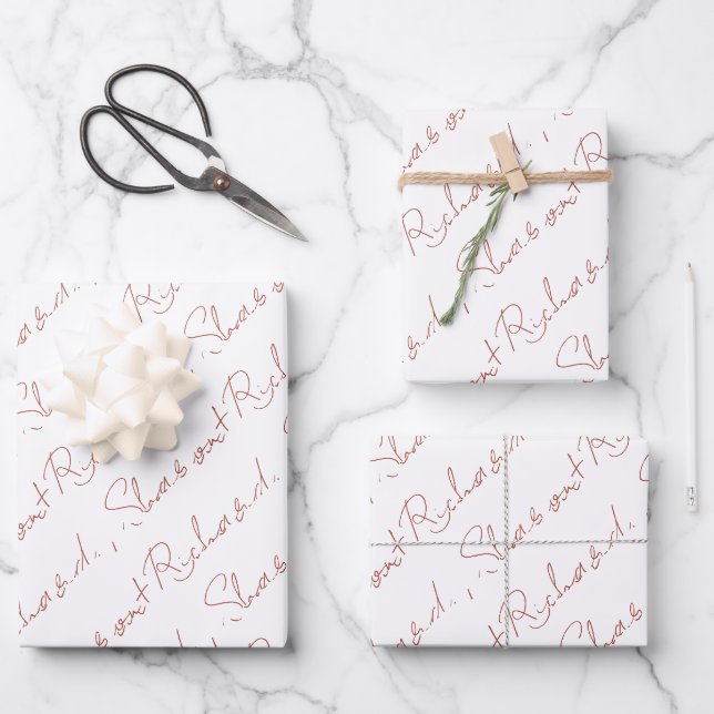 Feuille De Papier Cadeau Script Terracotta calligraphie noms mariage (Recto)