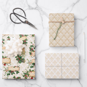 Feuille De Papier Cadeau Scrolls et salutations vintages   Holly   Damas