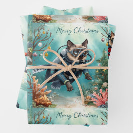 Feuille De Papier Cadeau Scuba Cat Underwater Holiday  Merry Christmas 