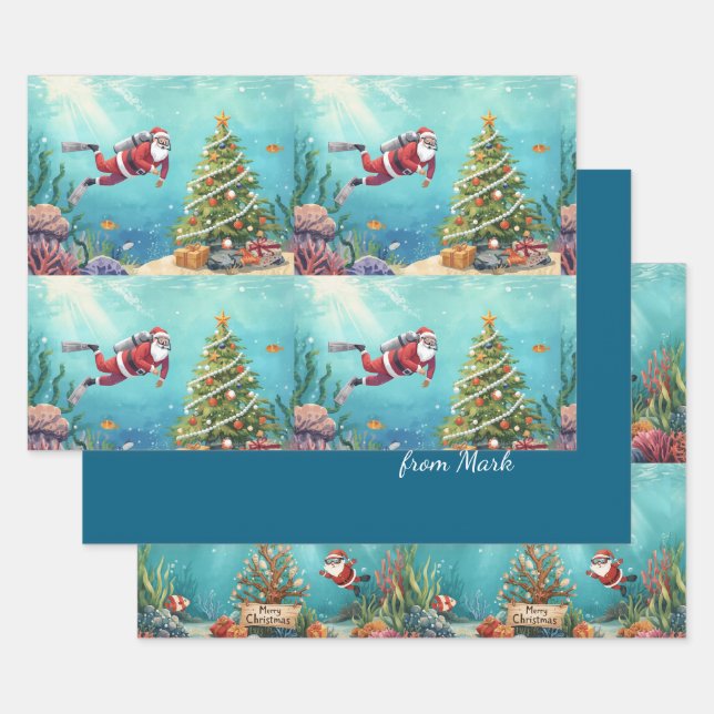 Feuille De Papier Cadeau Scuba Santa Underwater Christmas Holiday (Lot)