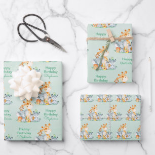 Feuille De Papier Cadeau Sea Green Watercolor Cute Safari Jungle Animaux