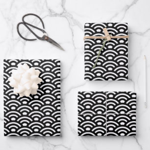 Feuille De Papier Cadeau Seigaiha, Vagues, Japonais, Noir et Blanc