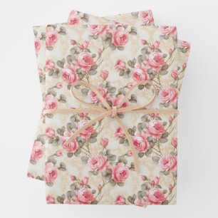 Feuille De Papier Cadeau Shabby chic aquarelle magenta et roses de sauge