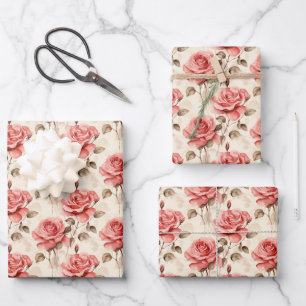 Feuille De Papier Cadeau Shabby Chic aquarelle rouge rose verdure