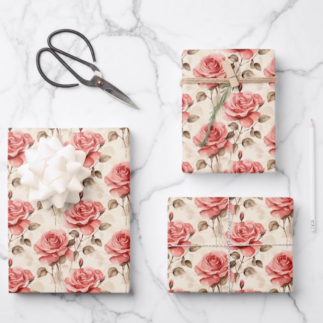 Feuille De Papier Cadeau Shabby Chic aquarelle rouge rose verdure (Recto)