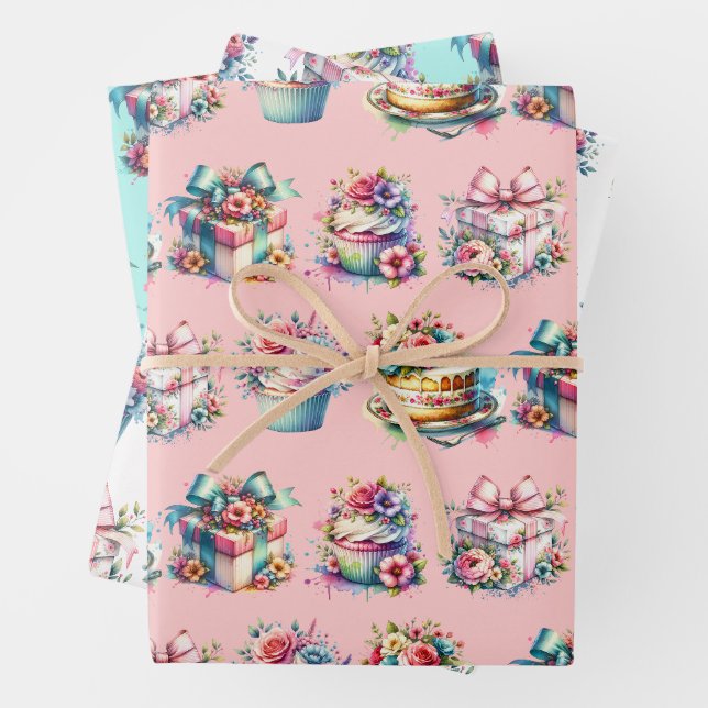 Feuille De Papier Cadeau Shabby Chic Floral rose et bleu Anniversaire (En situation)