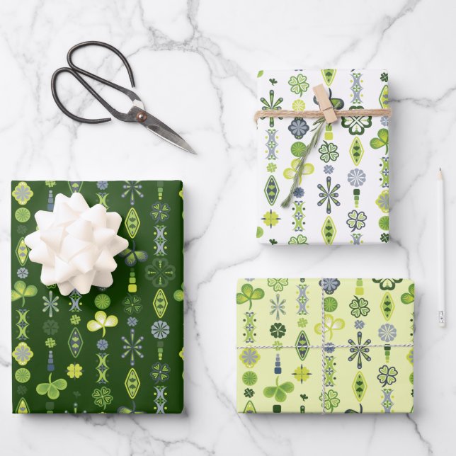 Feuille De Papier Cadeau Shamrock Clover Floral Minimaliste Vert (Recto)