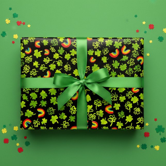 Feuille De Papier Cadeau Shamrocks d'aquarelle et Jour de la Saint Patrick  (Watercolor Shamrocks & Rainbows St Patricks Day Wrapping Paper Sheets
)