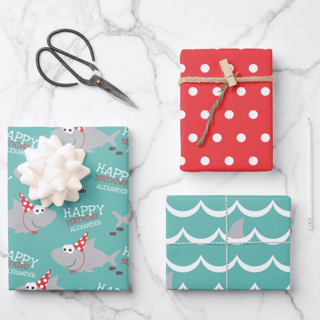 Feuille De Papier Cadeau Shark Joyeux Anniversaire Nom (Recto)