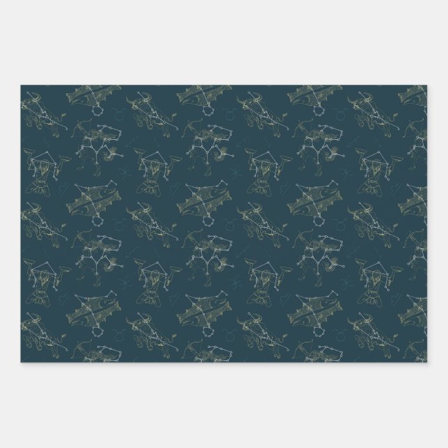 Feuille De Papier Cadeau Signes Zodiaques Dans Les Étoiles, Constellations  (Devant)