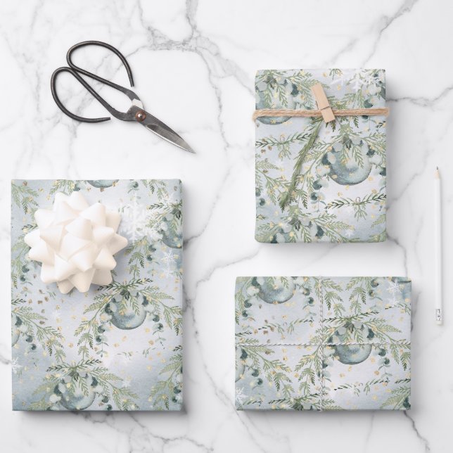 Feuille De Papier Cadeau Silver bleu hiver Épinette Eucalyptus Posy de vaca (Recto)