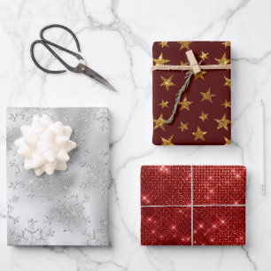 Feuille De Papier Cadeau Silver Snowflakes Gold Stars Red Christmas