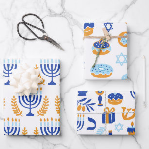 Feuille De Papier Cadeau Simple blanc jaune et bleu Motif Hanoukka