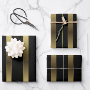 Feuille De Papier Cadeau Simples Bandes Géométriques Or Et Noir
