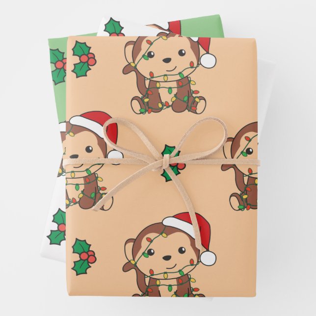 Feuille De Papier Cadeau Singe Noël Hiver Animaux Vacances Singes (En situation)