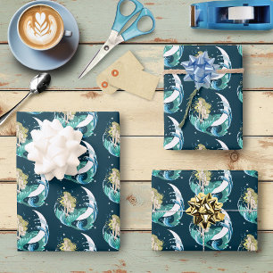 Feuille De Papier Cadeau Sirène Blonde Lune Croissante Fantaisie Art Déco