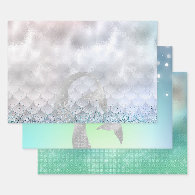 Feuille De Papier Cadeau Sirène d'eau rose violet Parties scintillant d'arg (Lot)