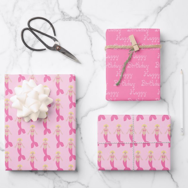 Feuille De Papier Cadeau Sirène Fantaisie Rose Personnalisée pour Anniversa (Recto)