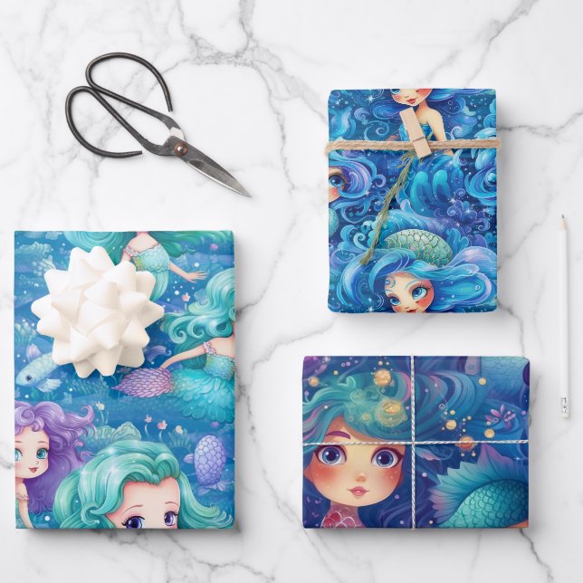 Feuille De Papier Cadeau Sirènes bleues (Recto)