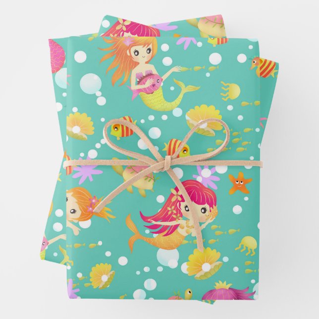 Feuille De Papier Cadeau Sirènes Turquoises (En situation)
