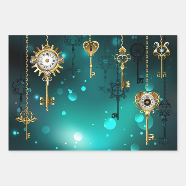 Feuille De Papier Cadeau Skeleton Keys on Green Background (Devant)
