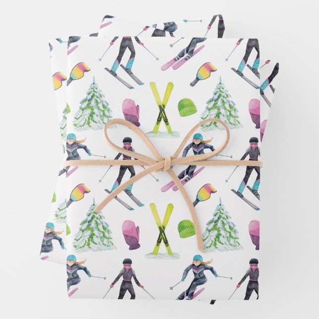 Feuille De Papier Cadeau Ski aquarelle (En situation)