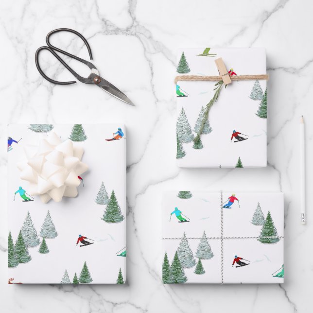 Feuille De Papier Cadeau Skiers Downhill Skiing Illustration  (Recto)