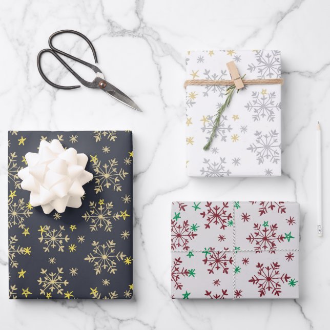 Feuille De Papier Cadeau Snowflakes - bleu nuit, blanc, gris argent (Recto)