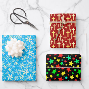 Feuille De Papier Cadeau Snowflakes, Étoiles colorées, Cross moderne élégan