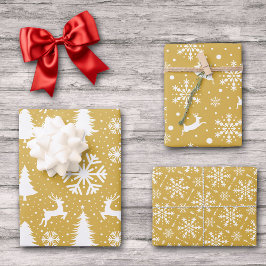 Feuille De Papier Cadeau Snowflakes Reindeer Arbres de Noël Motif d'or