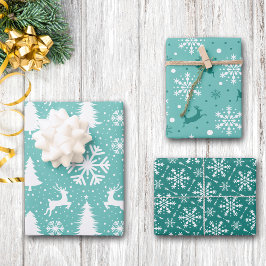 Feuille De Papier Cadeau Snowflakes Reindeer Arbres de Noël Motif Turquoise