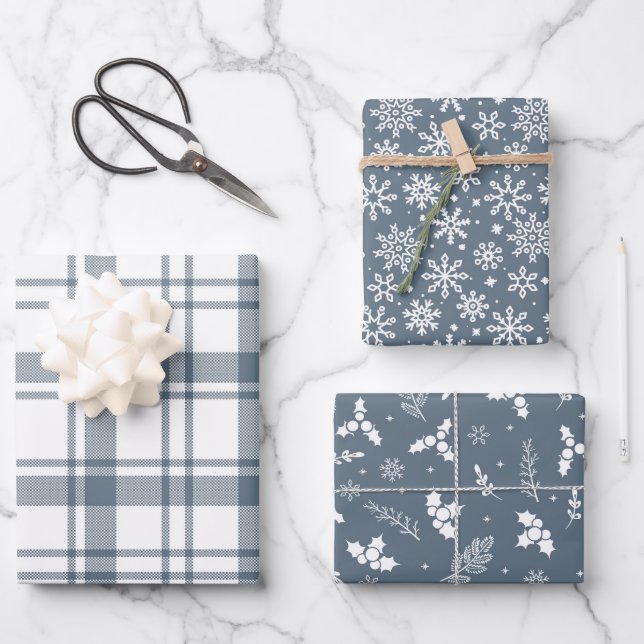 Feuille De Papier Cadeau Snowflakes Rustiques Plaid et Holly en Bleu Countr (Recto)