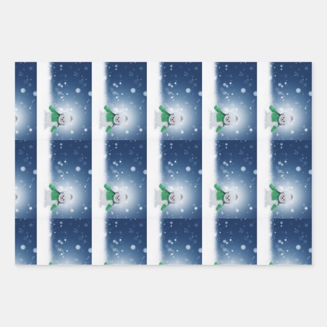 Feuille De Papier Cadeau Snowman avec une écharpe verte (Devant)