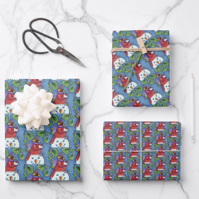 FEUILLE DE PAPIER CADEAU SNOWMAN BODYGUARD, CHRISTMAS CARDINAL REDBIRD (Recto)