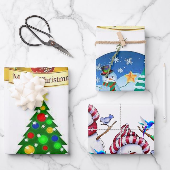 Feuille De Papier Cadeau Snowman Merry Christmas (Recto)