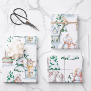 Feuille De Papier Cadeau Snowman White Rabbit Trees Aquarelle Noël