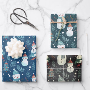 Feuille De Papier Cadeau Snowmen Noël Arbres et Snowflakes Noël