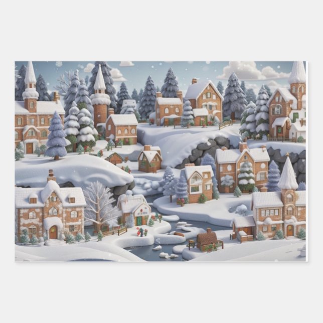 Feuille De Papier Cadeau Snowy Gingerbread Village Christmas (Devant)