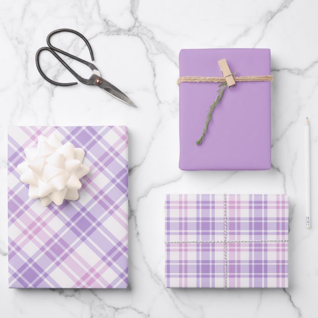 Feuille De Papier Cadeau Soft Pink, Purple & White Plaid (Recto)