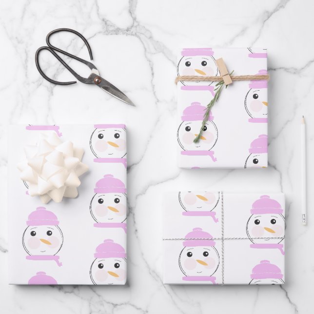 Feuille De Papier Cadeau Soirée de Noël Rose Snowman (Recto)