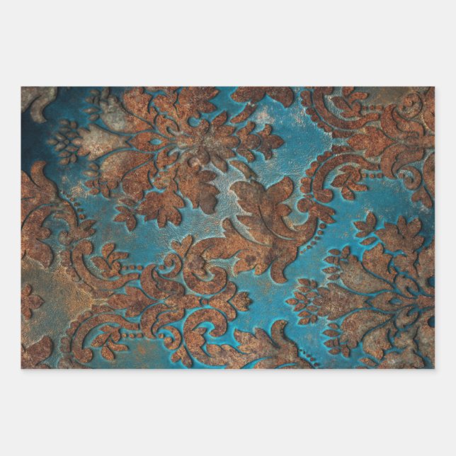 Feuille De Papier Cadeau Sombre Turquoise et rouille (Devant)