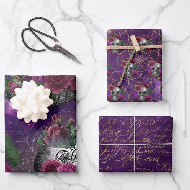 Feuille De Papier Cadeau Sorcière gothique romantique pourpre et Rose (Recto)