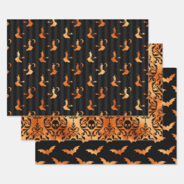 Feuille De Papier Cadeau Sorcière orange, crâne et chauve-souris motifs d'H