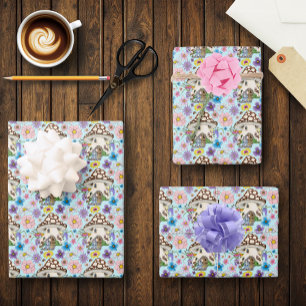 Feuille De Papier Cadeau Souris Fantaisiste Maison Champignon Floral Bleu