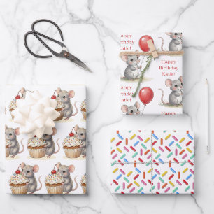 Feuille De Papier Cadeau Souris Mignonne, Cupcakes et Paillettes Anniversai