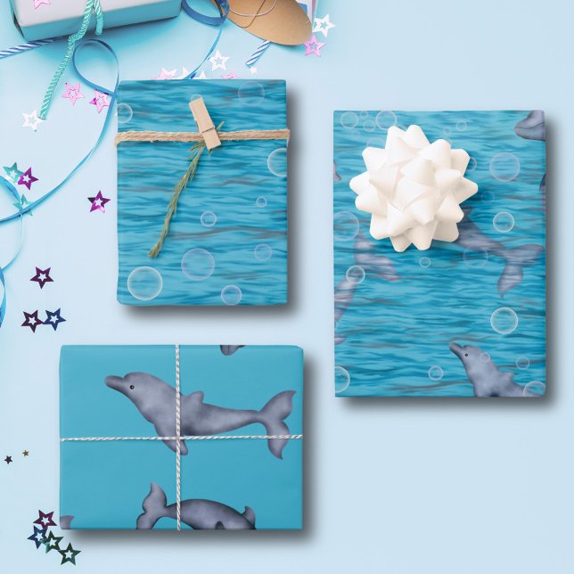 Feuille De Papier Cadeau Sous La Mer Avec Dauphins Anniversaire (Créateur téléchargé)