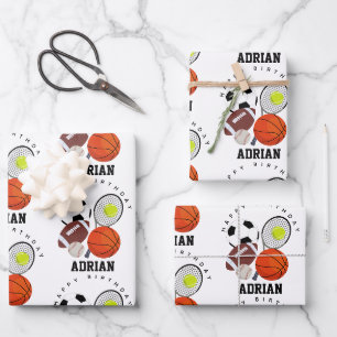 Feuille De Papier Cadeau Sports Balls sportifs Nom personnalisé Anniversair